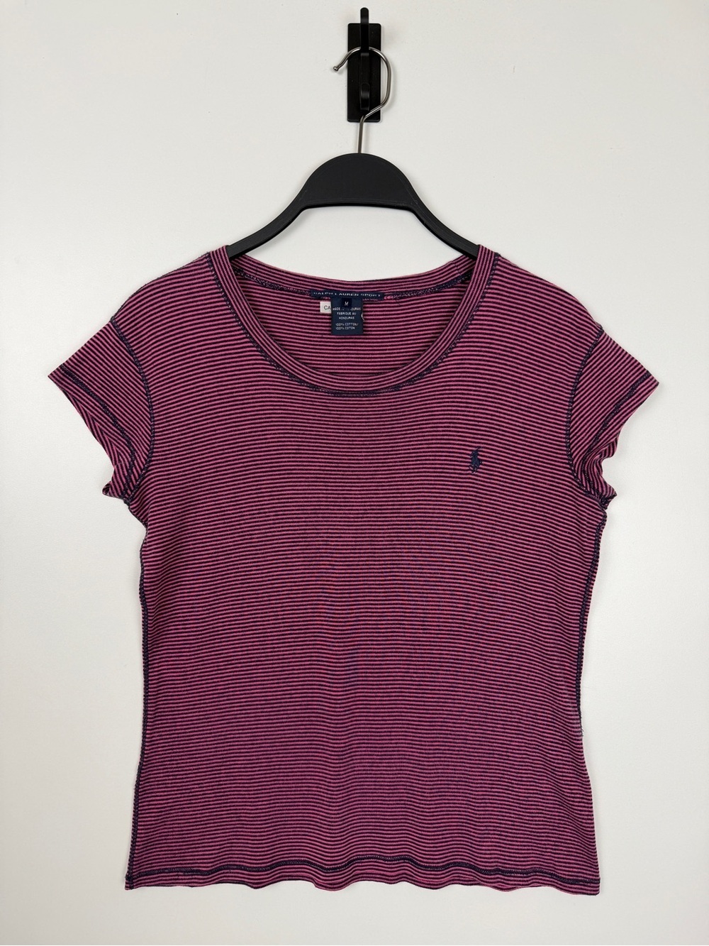 Vintage Ralph Lauren Sport Striped Contrast Seams Short Sleeve Top Medium Pink